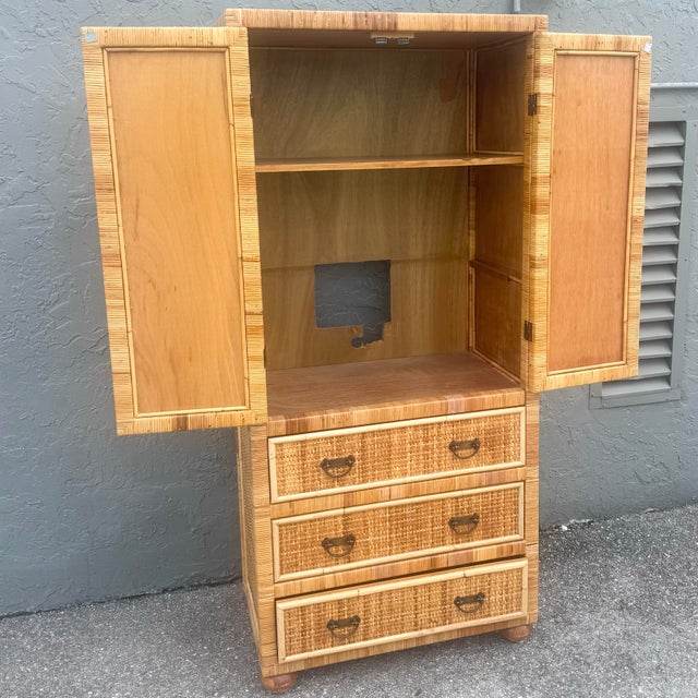 Boho Chic Wicker Wrapped Rattan Armoire For Sale - Image 4 of 7