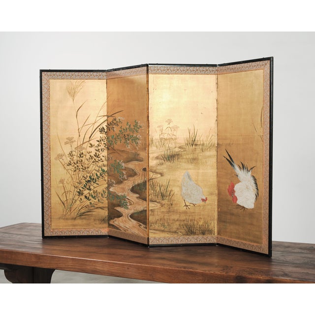 A beautifully rendered Japanese Showa period four-panel folding byōbu screen in the Nihonga school style. The painting...