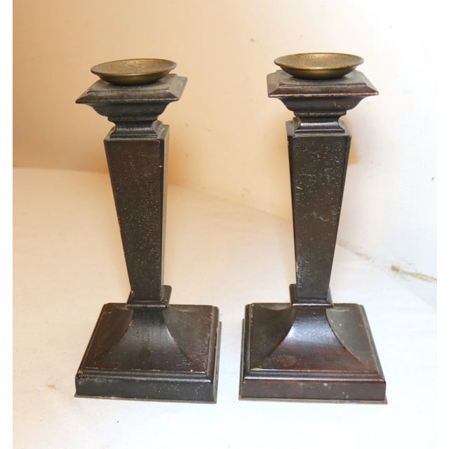 English Pair Antique 1800's Hand Carved English Wood Brass Candlesticks Candle Holders For Sale - Image 3 of 10