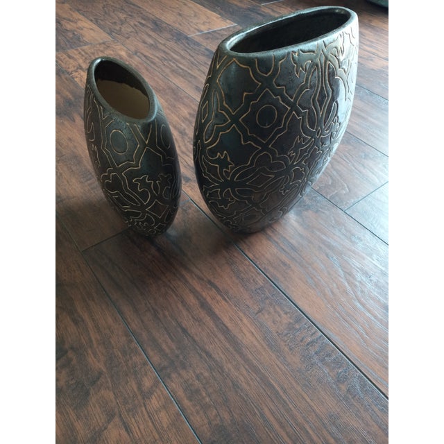 1990s Vintage Brown & Cream Ceramic Vases- Set of 2 For Sale - Image 4 of 9