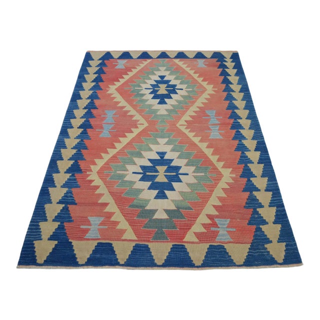 Vintage Turkish Handwoven Kilim Rug – Flat Weave Boho Farmhouse Decor – Standard 3′9″ X 5′7″ For Sale