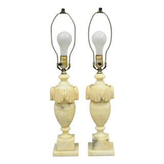 Antique Italian Neoclassical Style Carved Marble Shell Urn Table Lamps - A Pair For Sale