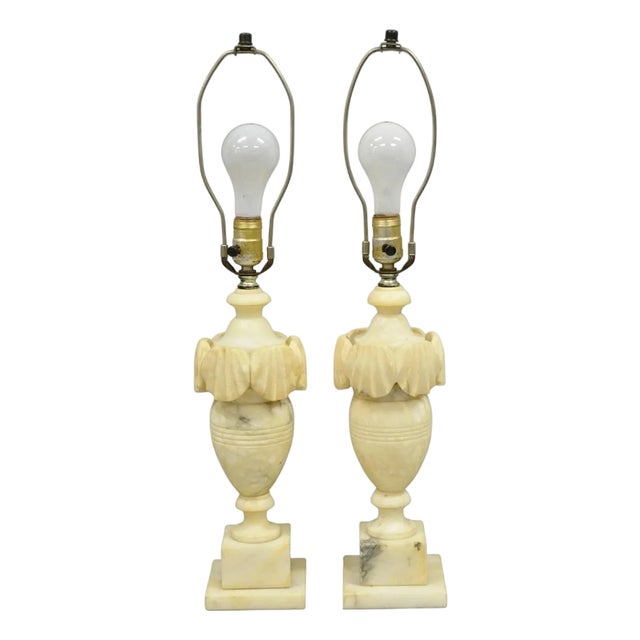 Antique Italian Neoclassical Style Carved Marble Shell Urn Table Lamps - A Pair For Sale