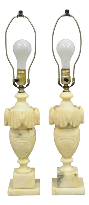 Antique Italian Neoclassical Style Carved Marble Shell Urn Table Lamps - A Pair