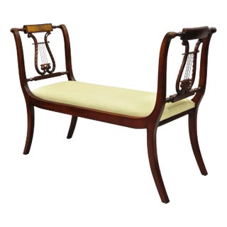 Late 20th Century Duncan Phyfe Regency Empire Style Carved Mahogany Brass Lyre Window Bench For Sale