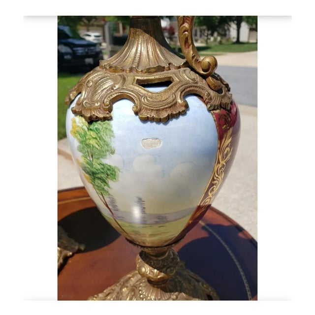 Hand Painted Porcelain and Brass Mounted Ewers Urns, a Pair For Sale In Washington DC - Image 6 of 11