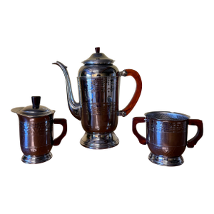 1960s Oneida Stainless Chrome Coffee Pot Including Creamer and Sugar Set With Bakelite Handles- 3 Pieces