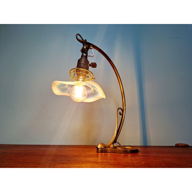 Art Nouveau Table Lamp in Bronze and Brass with Opalescent Glass Shade, France, 1900s For Sale - Image 9 of 14
