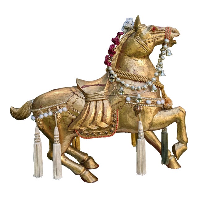Mid 20th Century XL Chinese Hand-Carved Gilt Wood Stylized Tang Horse Sculpture Statue Figure For Sale