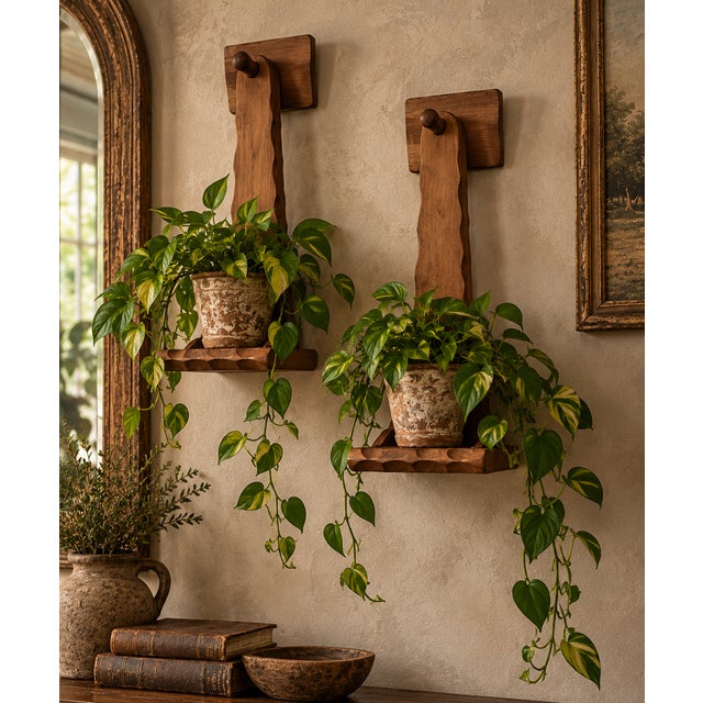 Mid-Century Primitive Rustic Brown Wood Wall-Mounted Shelf Sconces – Pair For Sale - Image 12 of 13