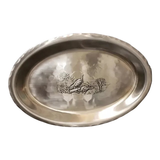 1990s Wendell August Forge Handmade Hammered Stainless Aluminum Oval Platter, Pheasant Motif For Sale