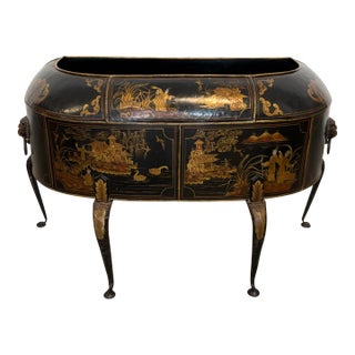 Stunning Late Twentieth Century Theodore Alexander Black Asian Chinoiserie Toleware Metal Floor Jardiniere Planter With Cabriole Legs For Sale