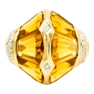 Late 20th Century Citrine and Diamond Dome Gold Ring Size 6