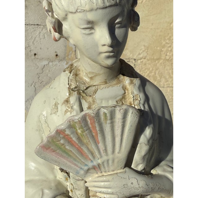 1940s Pair of Lamps White Porcelain Figurines With Custom Pinstriped Shades For Sale In San Diego - Image 6 of 16