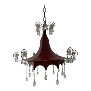 C 1900 Hand Painted Red Flowers Pagoda Murano Drops and Stars Chandelier Rare For Sale