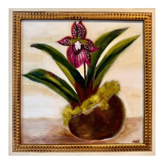 “Lady Slipper Orchid” Contemporary Impressionist Style Original Painting Framed For Sale