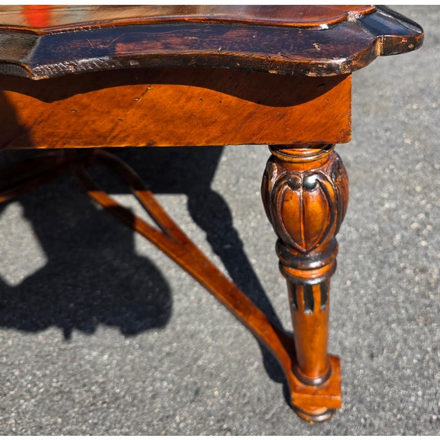 Brown Georgian Style Parquetry Top Coffee Table With Scalloped Edge and X-Form Stretcher, Early 21st Century For Sale - Image 8 of 13