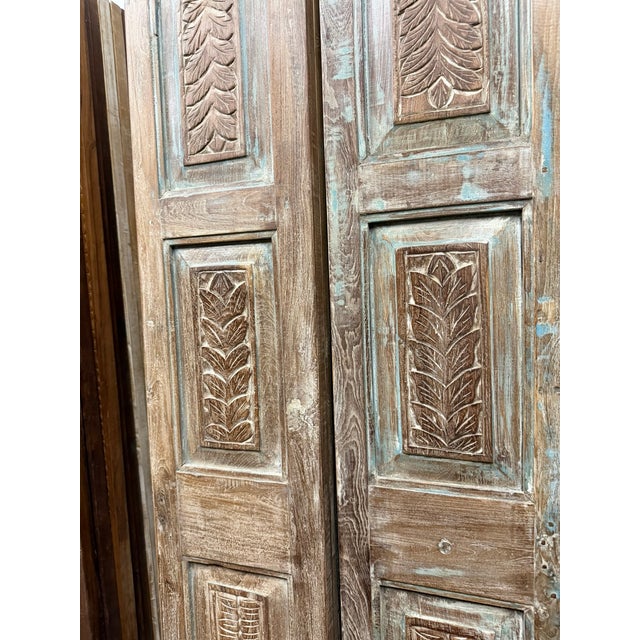 Mid-Century Modern Antique Blue Floral Carved Pantry Doors – Rustic Hand-Carved Double Doors, Hinged or Sliding 80 For Sale - Image 3 of 6