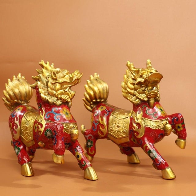 Traditional Late 19th Century Pair of Cloisonné Enamel Qilin Statues, Gilt Bronze Figures, 2.64kg For Sale - Image 3 of 9