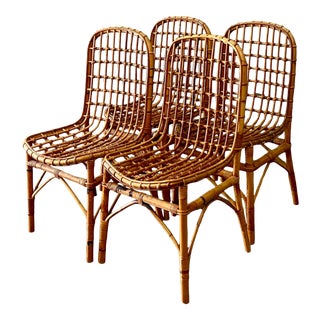 Vintage Coastal Bamboo Grid Chairs - Set of 4 For Sale