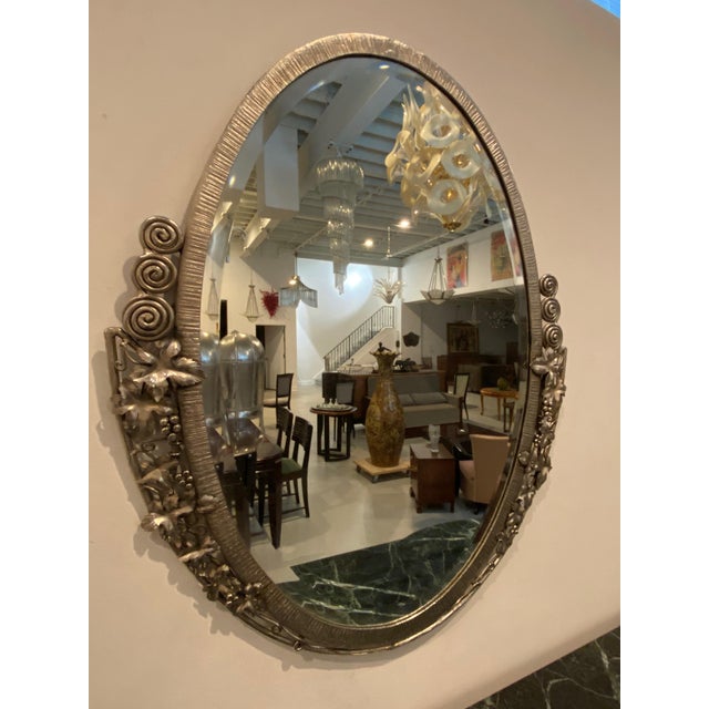 French Art Deco Oval Nickel Beveled Mirror For Sale - Image 4 of 8