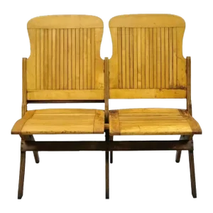 Early 20th Century Antique Vintage Wood Slat Double Folding Theater Seat School Chair Old Bench