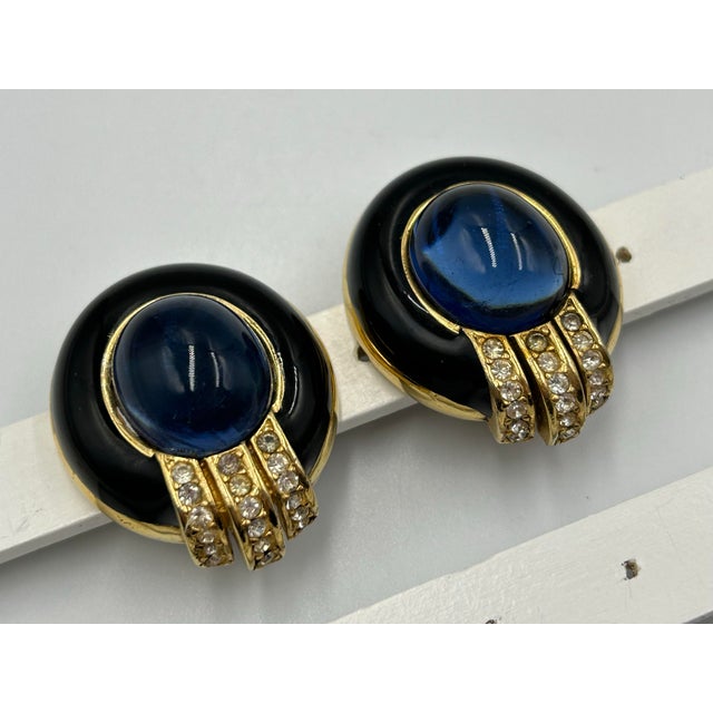 1980s Ciner Dreamy Blue Glass Enamel Signed Earrings Clip 80s Vintage For Sale - Image 5 of 6