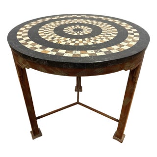 Italian Round Carved Black and White Marbletop Mosaic Specimen Table For Sale