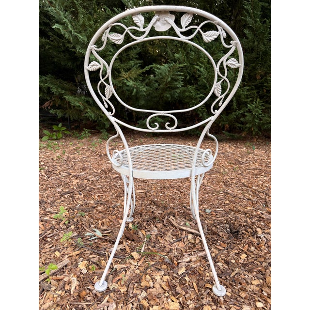 Vintage Woodard Chantilly Rose Wrought Iron Side Chairs — Set of 3 | Original White / Grey Paint | Stamped Maker’s Mark For Sale - Image 9 of 12