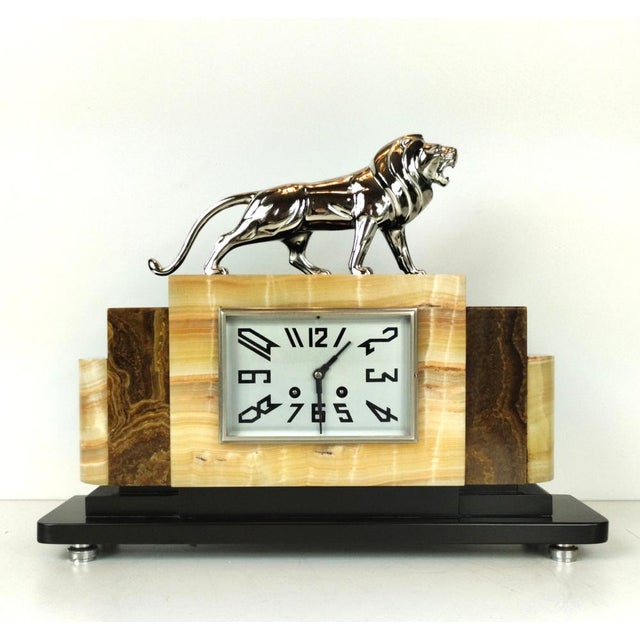 Metal French Art Deco Mantel Clock with Chrome-Plated Bronze Lion, 1930s For Sale - Image 7 of 18