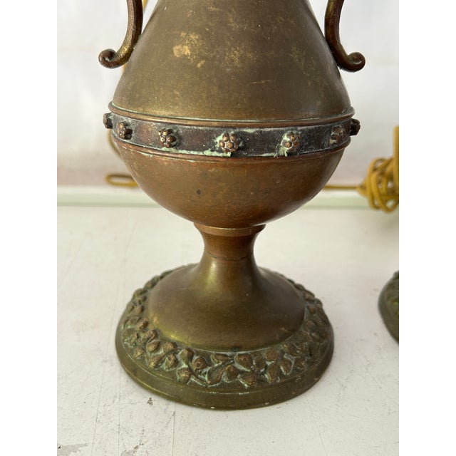 1930s 30's Vintage Empire -Style Solid Brass Urn Table Lamps W/Shades - a Pair For Sale - Image 5 of 6