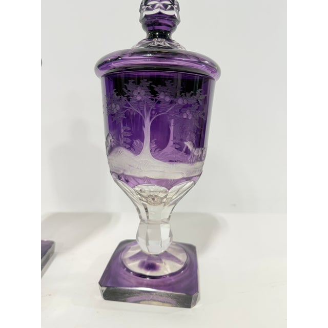 Pr, Bohemian Amethyst Hunting Engraved Glass Covered Urns, Late 19th Century For Sale - Image 9 of 11