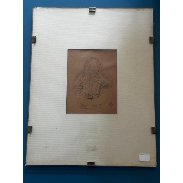 Original pencil drawing on brown paper depicting a young woman seen from behind, identified as Jeanne, daughter of Claude-...