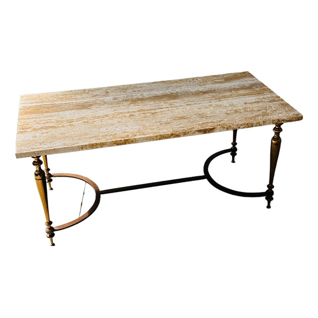 Travertine Coffee Table with Brass Base, 1970s For Sale