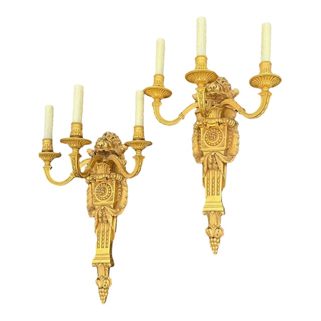 Pair of Large English Regency Style Gilded Bronze 3 Light Sconces by Edward F. Caldwell For Sale