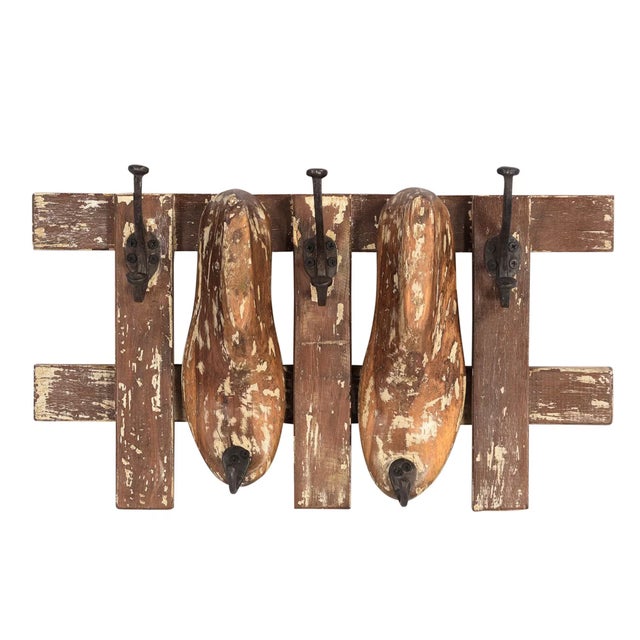 Antique Wood Shoe Last Wall Hook Rack | Rustic Reclaimed Timber Coat Hanger | Unique Industrial Entryway Organizer |Handmade Farmhouse Decor For Sale In Houston - Image 6 of 7