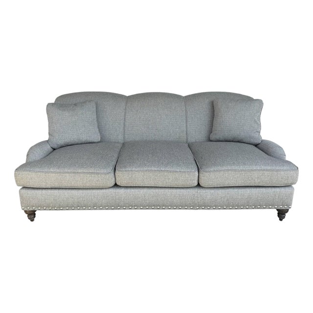 Arhaus Upholstered Gray-Blue Three-Seat Sofa With Rolled Arms For Sale