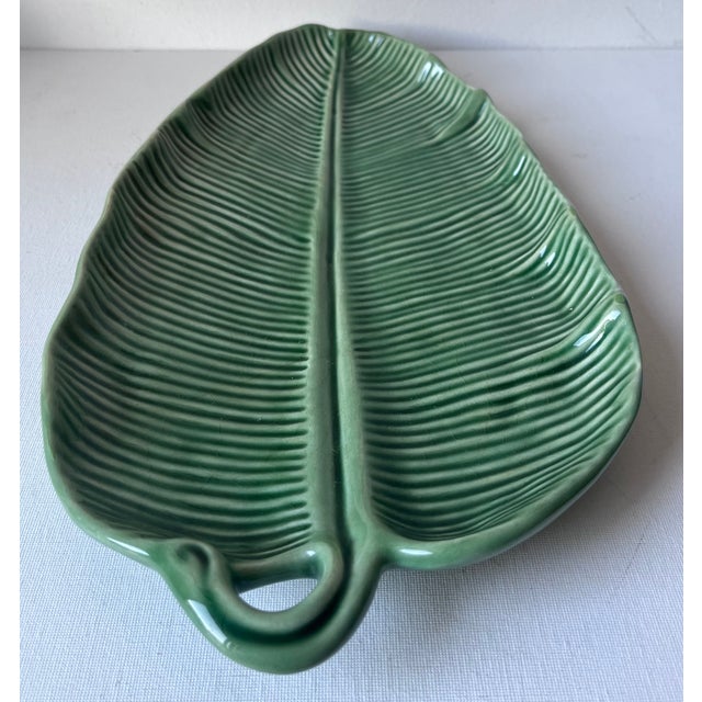 This wonderful vintage Green Majolica banana leaf platter was made in Portugal for Bordallo Pinheiro. 15.5" x 8" x 1.5"....