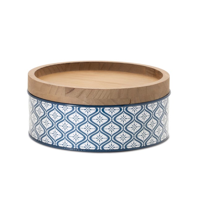Rustic Metal Patterned Canister with Natural Wood Lid (Set of 2) For Sale - Image 3 of 5
