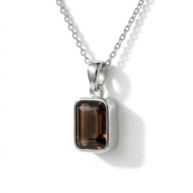 Contemporary Smoky Topaz Emerald Cut Pendant, Bezel Setting Stackable Pendant For Sale - Image 3 of 4