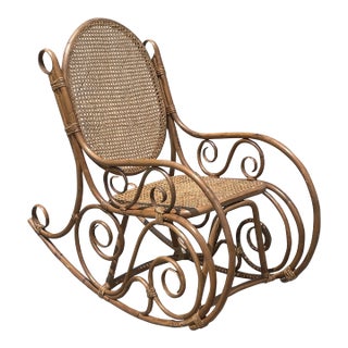 Vintage Thonet Style Large Bamboo Bentwood Cane Rattan Rocking Arm Chair For Sale