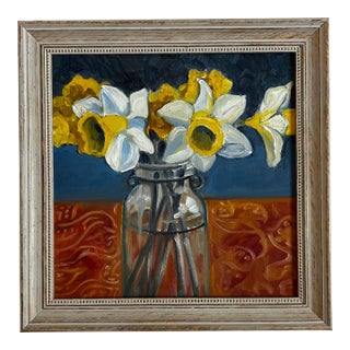 Contemporary Original Alexandra Brown Still Life Painting Daffodils in Glass Jar Oil Painting Framed For Sale