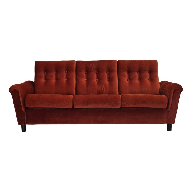 Danish 3 Seater Sofa in Brown-Red Velour, 1980s For Sale