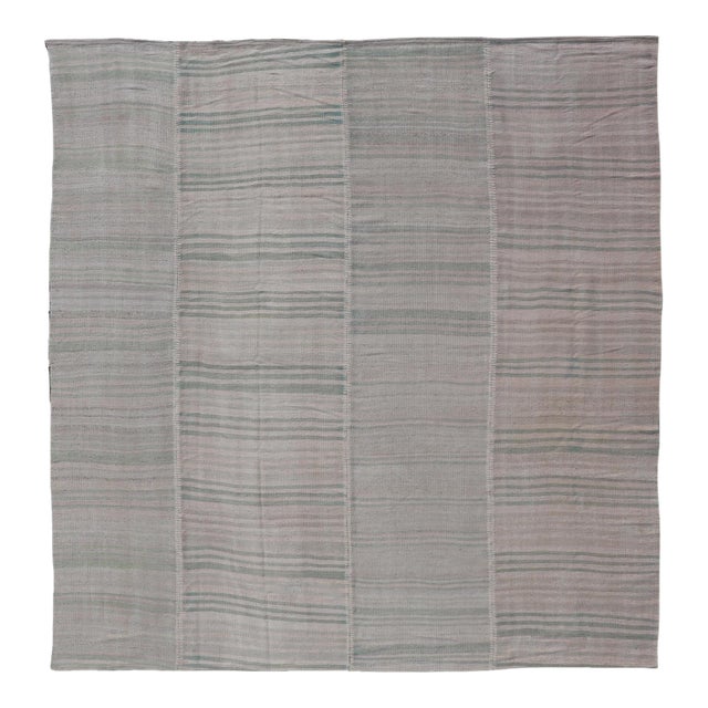 Vintage Turkish Kilim Rug in Soft Sage, Pale Taupe, and Faded Sand Stripes For Sale