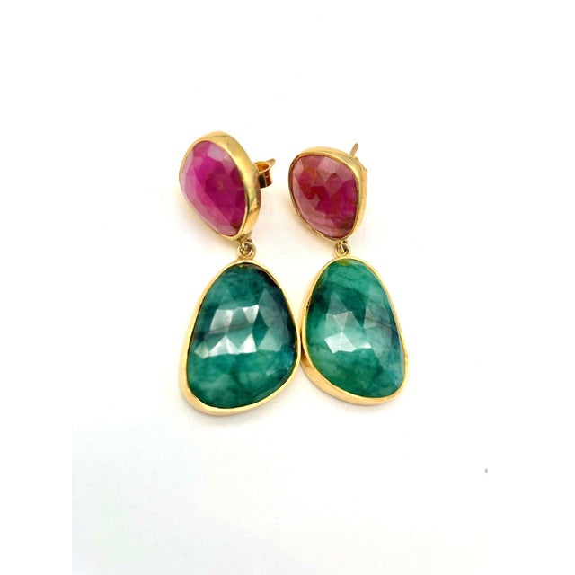 Bochic "Capri" Ruby & Multi Rough Cut Emerald Earrings Set In 18K Gold & Silver For Sale - Image 17 of 18