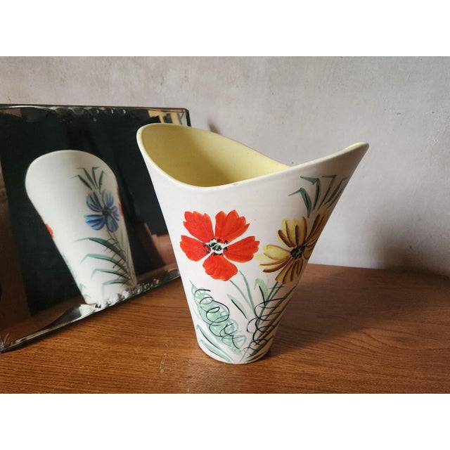 Vintage French Wide Neck Vase with Hand-Painted Flowers and Yellow Interior from Vallauris, 1960s For Sale - Image 10 of 11