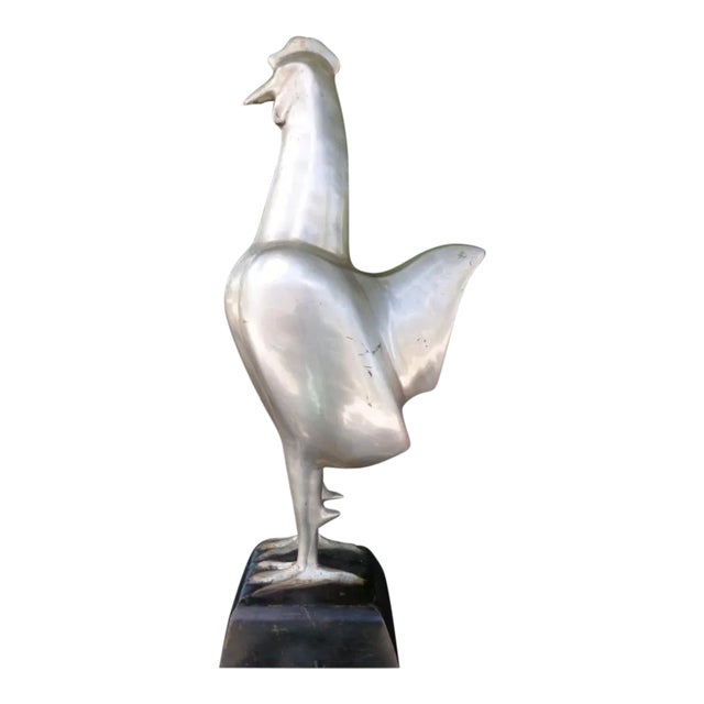 Mid Century Vintage Striking Art Deco Stylized Nickel Plated Bronze Rooster For Sale