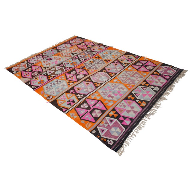 Vibrant Turkish Kilim Rug, 1966 Dated Vintage Tribal Rug, Pink and Orange Geometric Flatweave 6x8 Ft Approx For Sale - Image 4 of 18