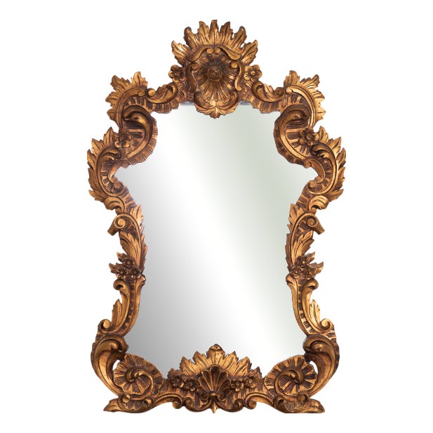 Large Rococo-Style Giltwood Wall Mirror with Carved Scrollwork and Floral Motifs, 1960s For Sale