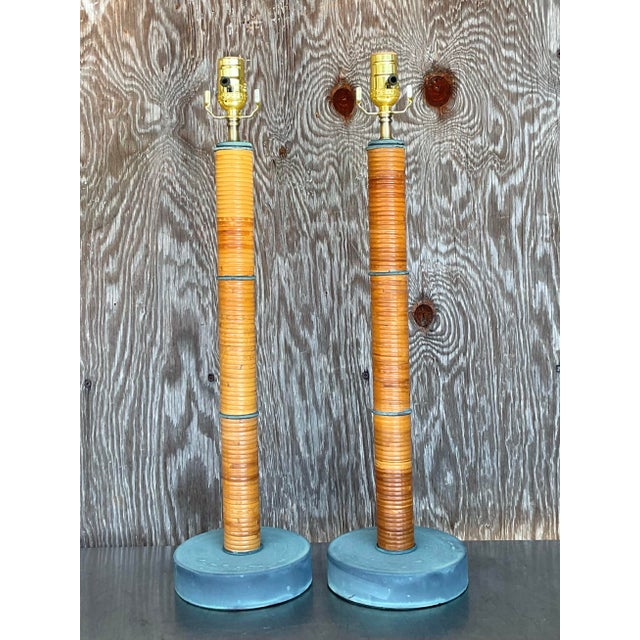 Camel Vintage Coastal Wrapped Pencil Reed Column Lamps - a Pair For Sale - Image 8 of 10